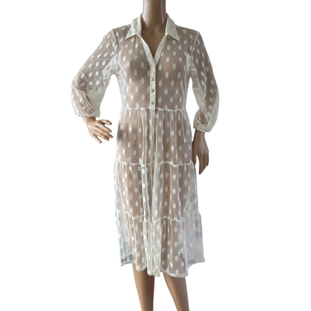 EMBER Mesh Sheer Transparent Polka Dot Lace Cover Tulle Midi Dress
